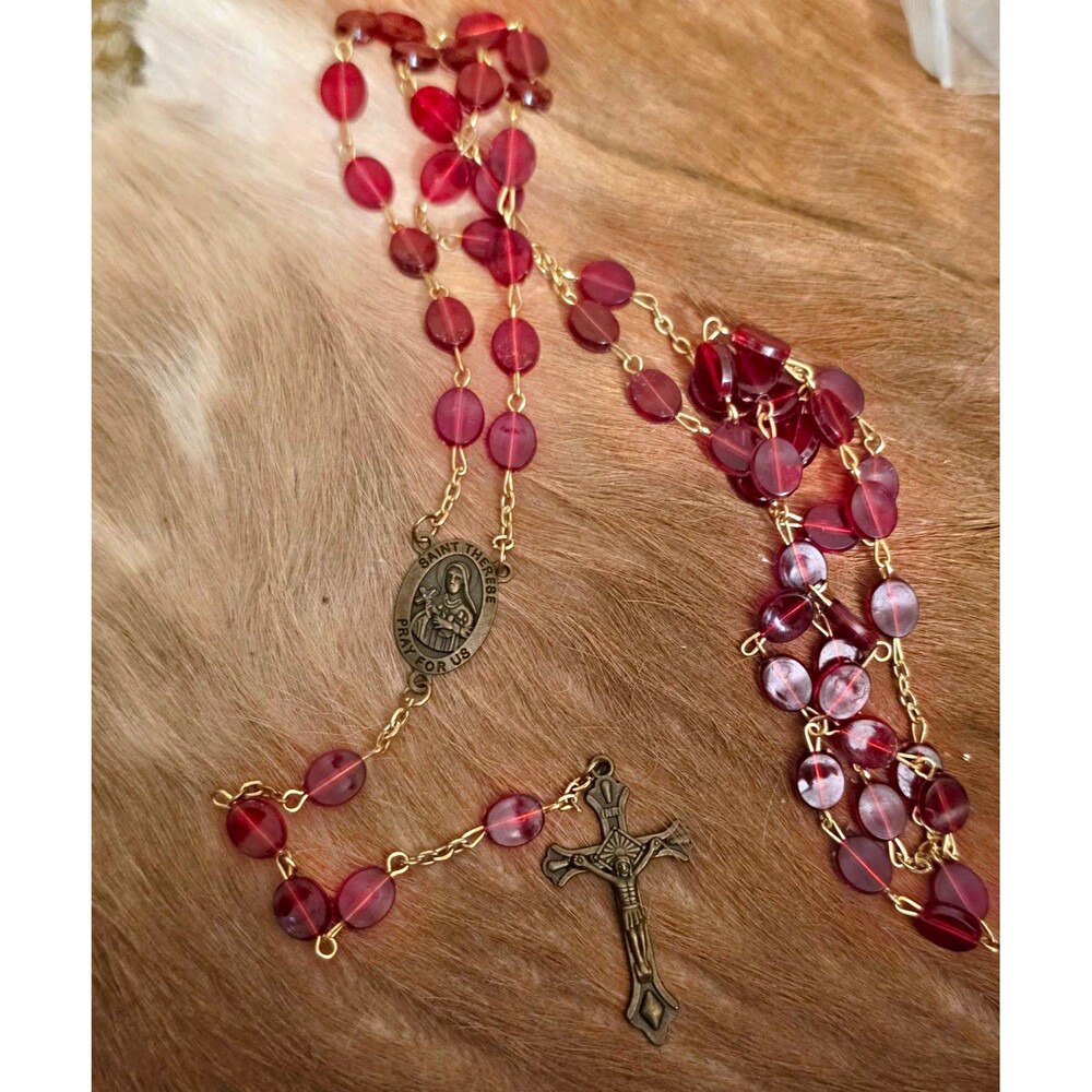 Vintage St Therese Pray For Us Rosary Red Oval Beads Brass Crucifix Catholic